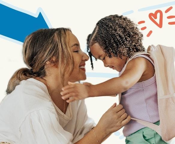 mother putting backpack on child