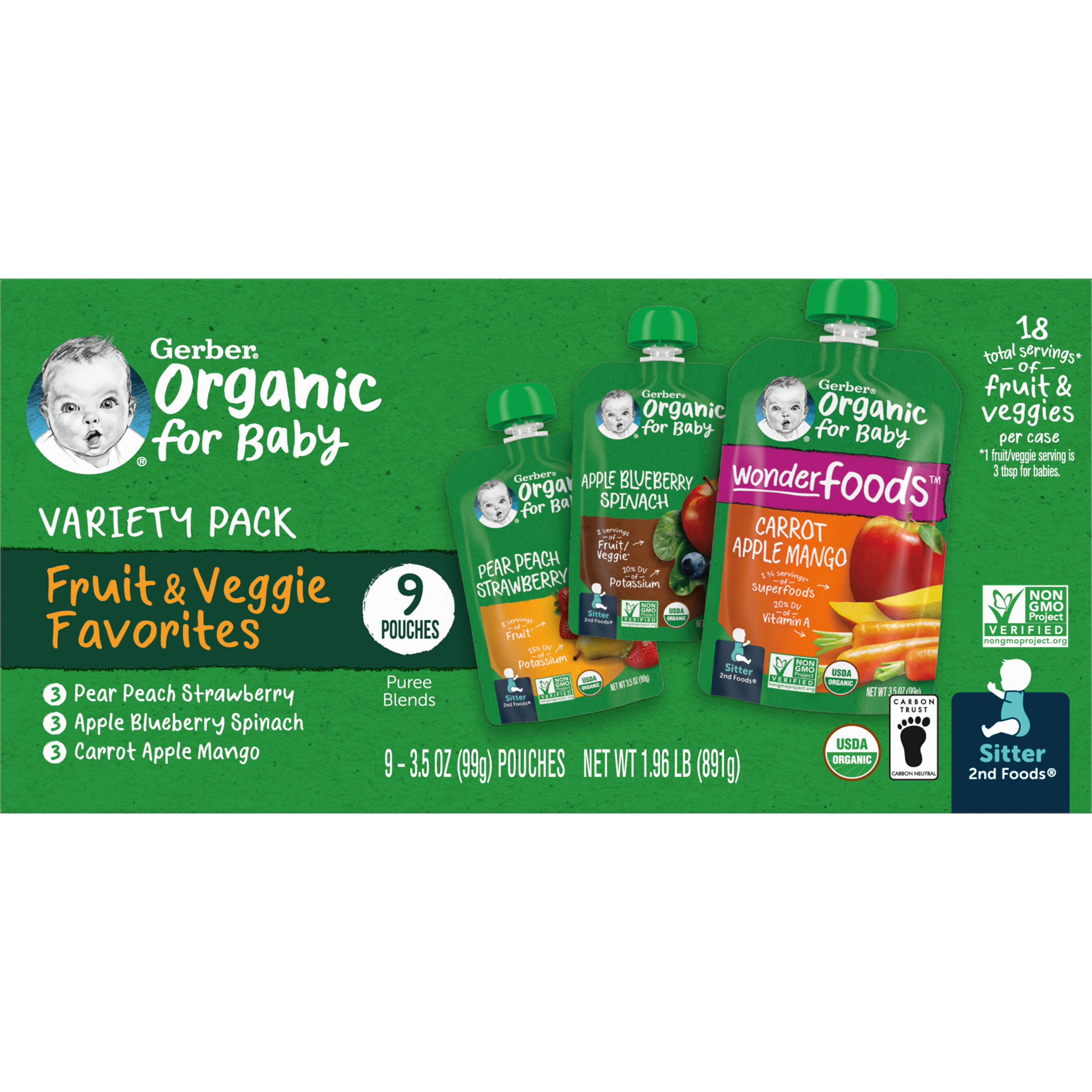 Organic Pear Peach Strawberry, Carrot Apple Mango & Apple Blueberry Spinach Baby Food  Variety Pack 