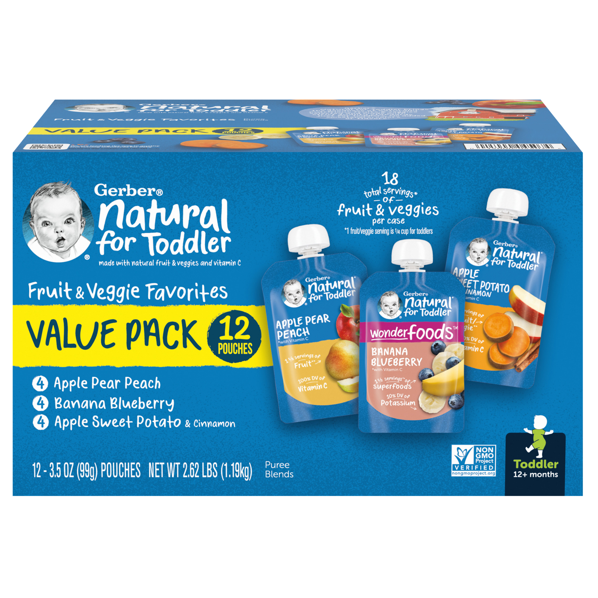 Banana Blueberry, Apple Pear Peach & Apple Sweet Potato Value Pack of 12 Toddler Pouches